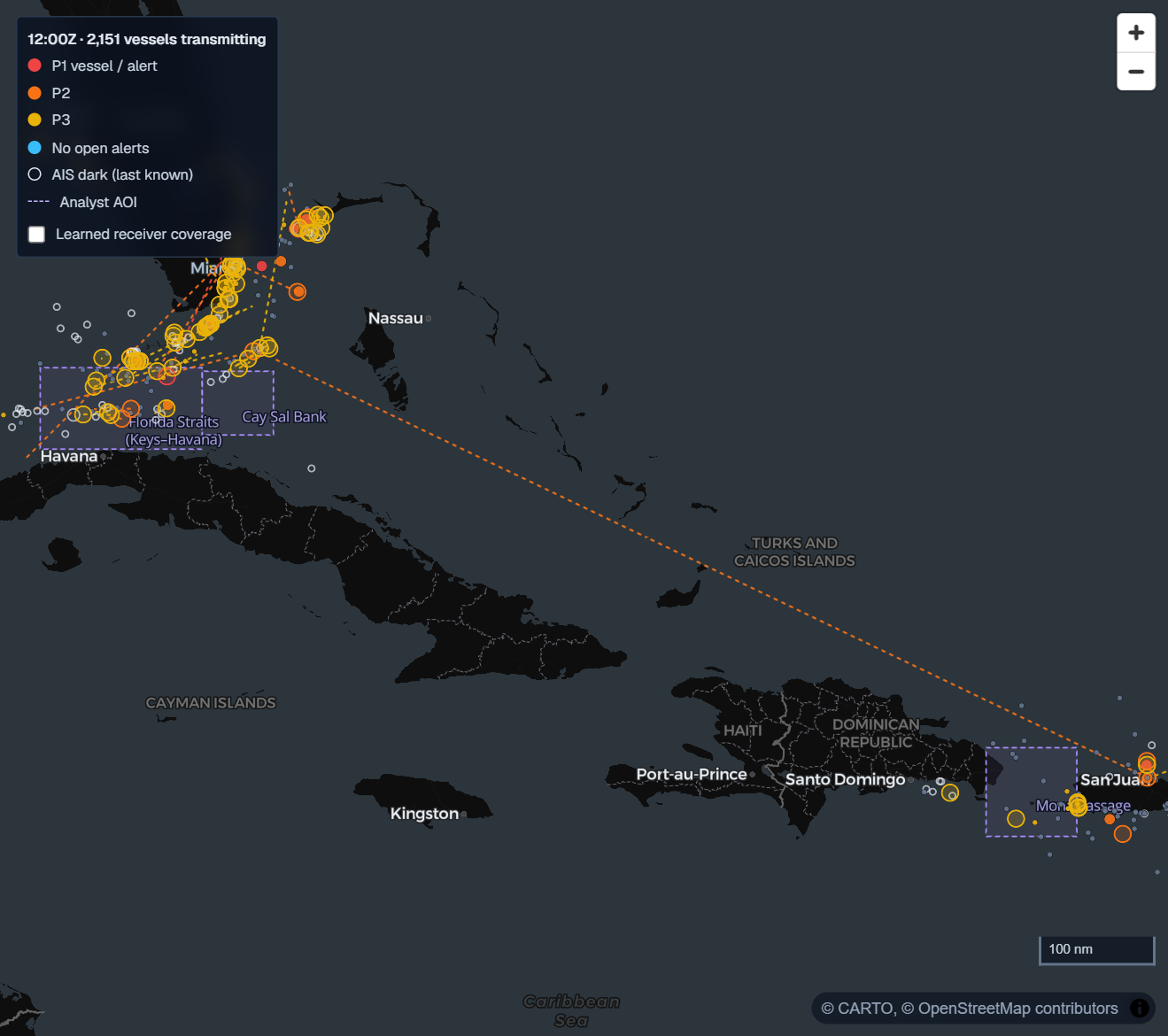 WakeWatch MDA map of the Florida Straits, Bahamas and Puerto Rico showing prioritized maritime anomaly alerts, dark-gap lines and analyst areas of interest